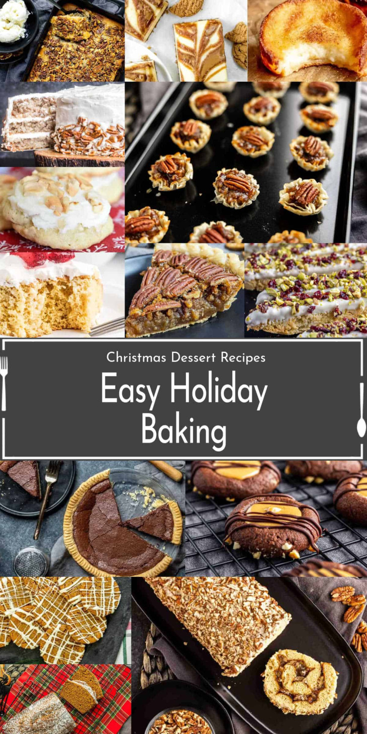 A collage of various holiday desserts including bars, tarts, cookies, pies, and cakes, with a central banner reading "Christmas Dessert Recipes: Easy Holiday Baking.