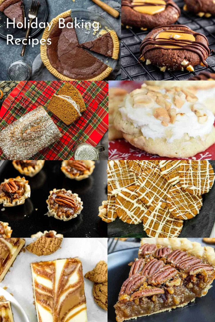 A collage of various holiday baked goods including cookies, pies, bread, and tarts, arranged on festive tablecloths and plates. Text reads "Holiday Baking Recipes.