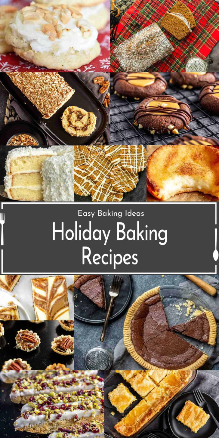 A collage of festive baked holiday desserts, from cakes and cookies to pies and bars, sits under a banner reading "Easy Baking Ideas: Holiday Baking Recipes," perfect for delighting Santa and loved ones.