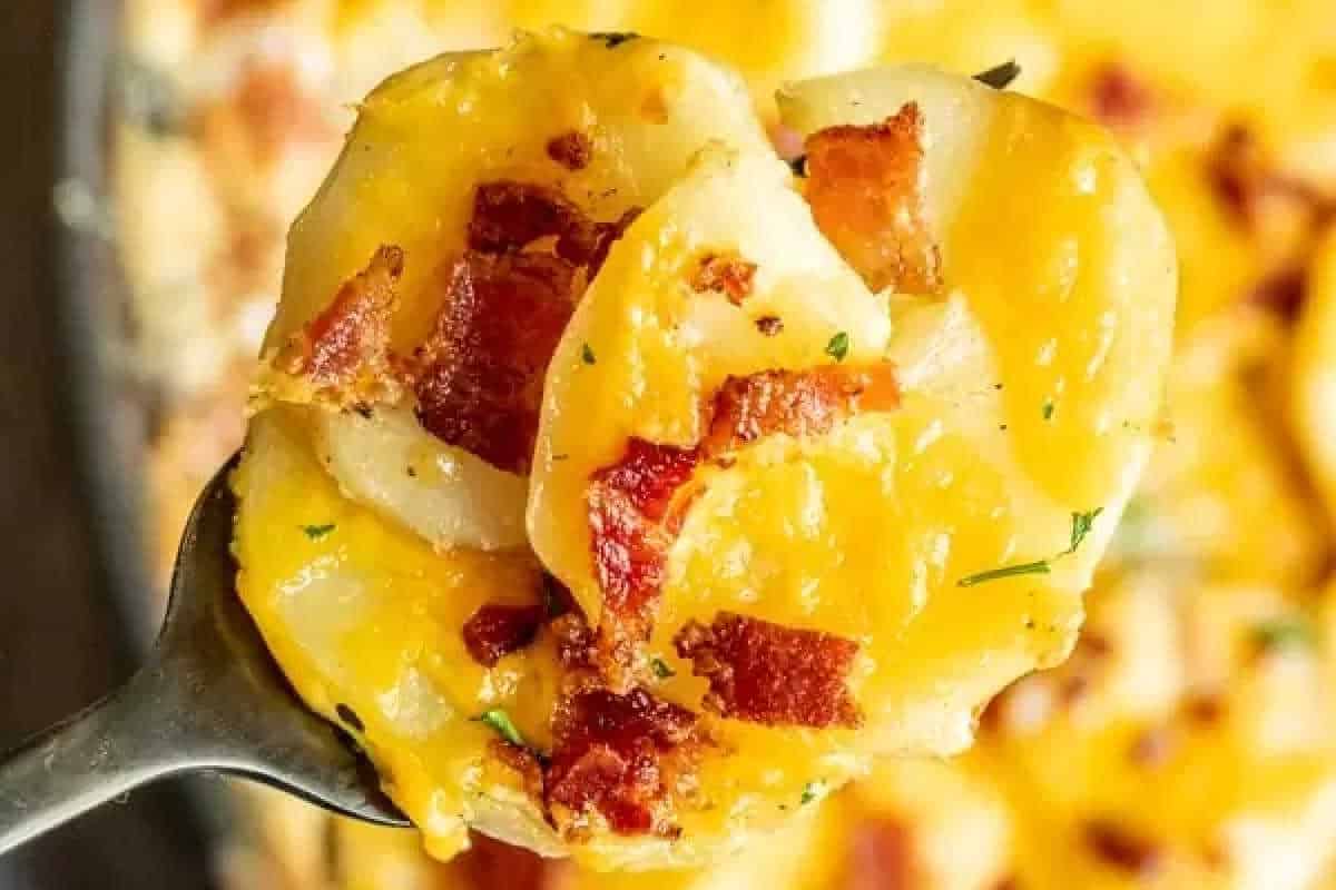 Close-up of a spoonful of cheesy scalloped potatoes topped with crispy bacon bits and garnished with herbs.