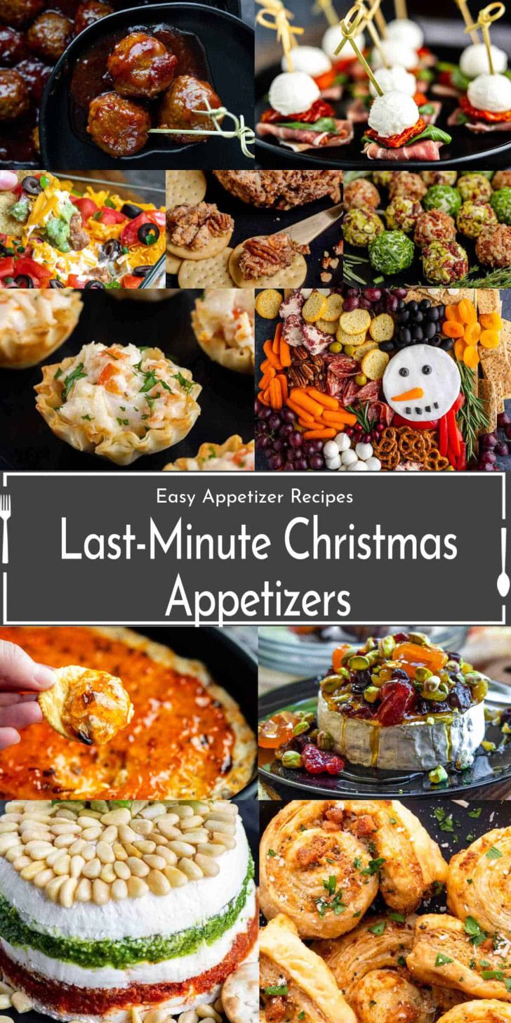 A collage of festive appetizers—dips, pastries, skewers, and cheese boards—with the text: “Easy Appetizer Recipes: Last-Minute Christmas Appetizers for Christmas parties.”.