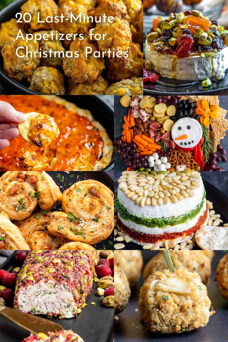 A collage of easy appetizers, from baked goods and cheese plates to veggie trays, with text: “20 Last-Minute Appetizers for Christmas Parties.”.