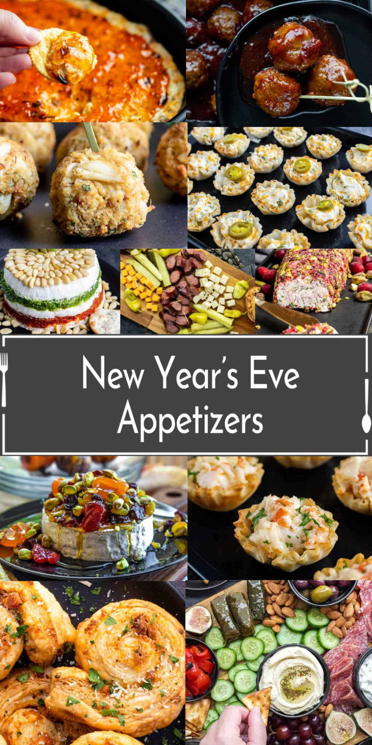 A collage of party appetizers, including pastries, cheese platters, meatballs, dips, and vegetable trays, with a central label reading "New Year's Eve Appetizers.