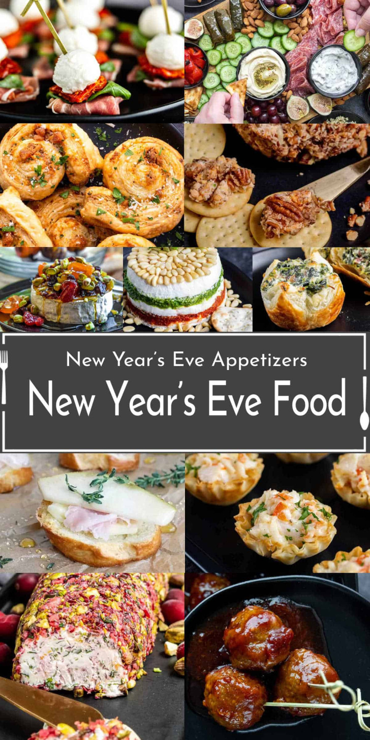 A collage of assorted New Year’s Eve appetizers, including meat dishes, pinwheels, stuffed vegetables, and bite-sized snacks, with "New Year's Eve Food" in the center—perfect inspiration for your party appetizers.