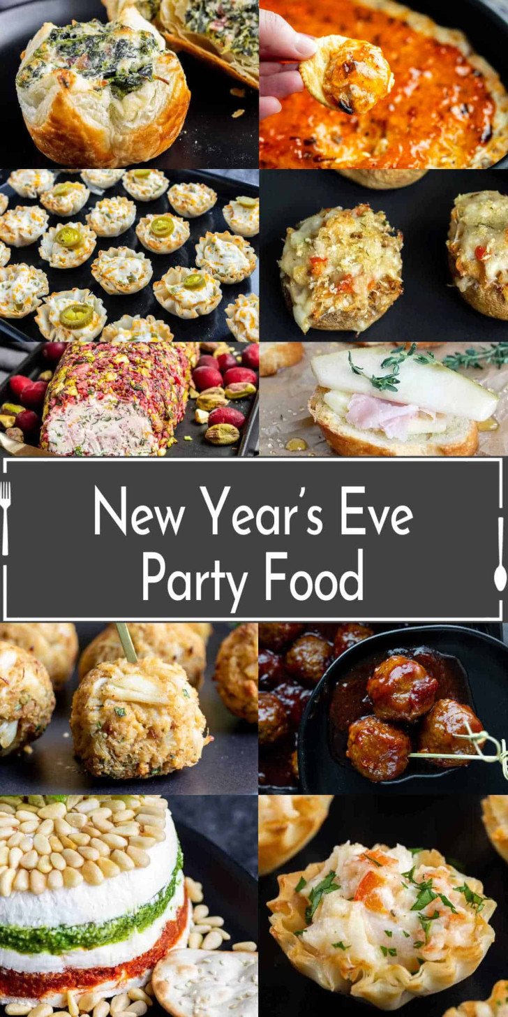 A collage of various New Year's Eve recipes, including party appetizers, meatballs, and small bites, with text in the center reading "New Year's Eve Party Food.