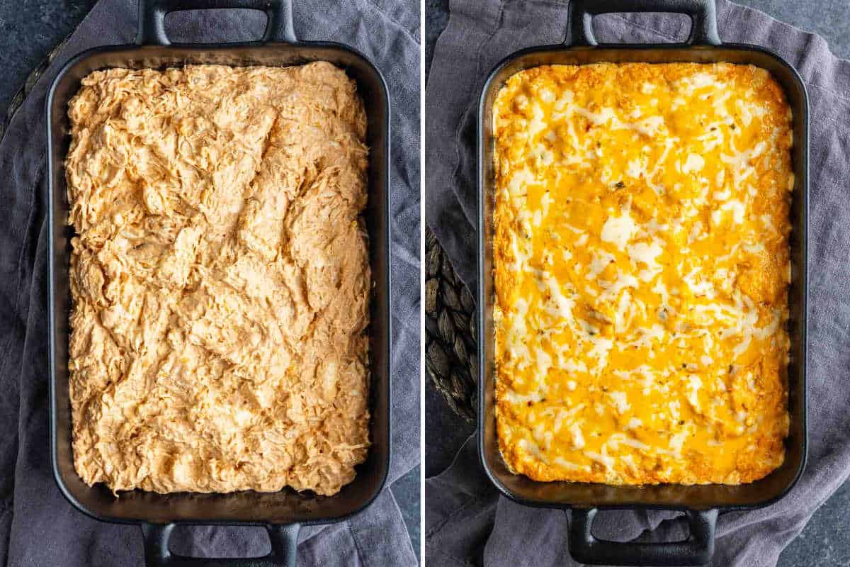 Side-by-side images of a baking dish, first filled with enchilada chicken dip mixture, then topped with melted cheese after baking.