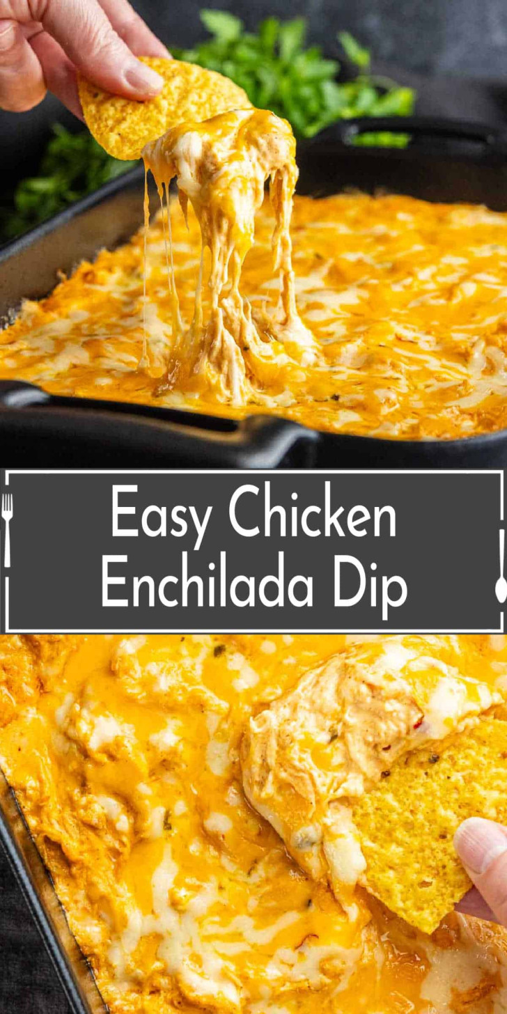 A hand dips a tortilla chip into a cheesy baked chicken enchilada dip in a casserole dish, with melted cheese stretching from the dip.