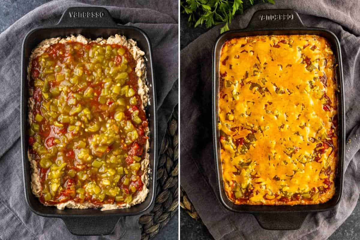 Side-by-side images show a casserole in a baking dish: on the left, uncooked taco dip with ground beef and toppings; on the right, fully baked with a golden cheese layer.