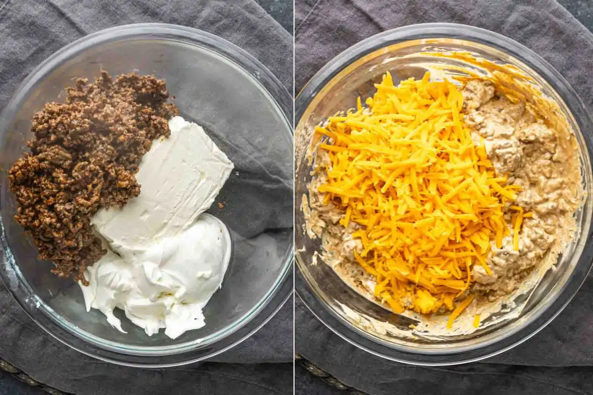 Two glass bowls: one with taco dip with ground beef, cream cheese, and sour cream; the other with a mixed easy taco dip topped with shredded cheddar cheese, both on a dark cloth.