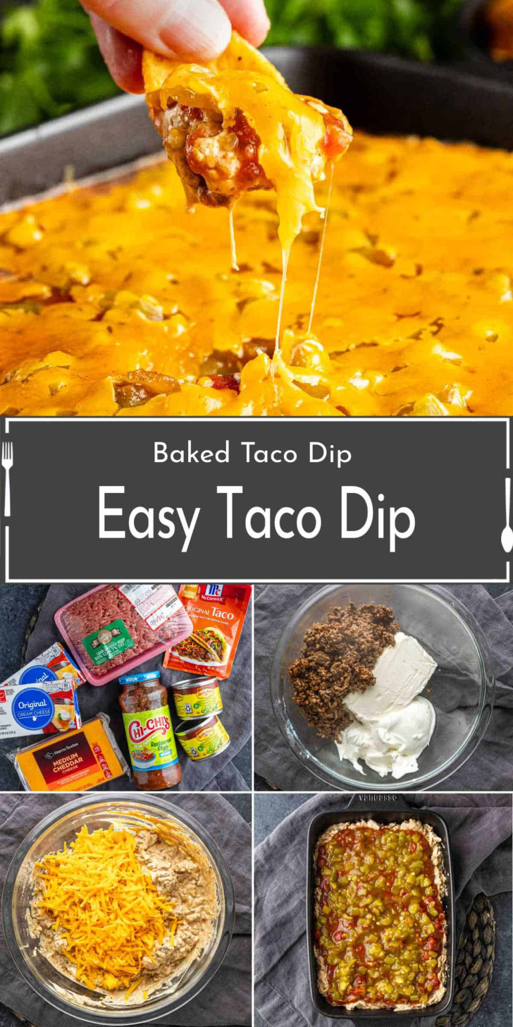 A hand lifts a cheesy scoop of baked taco dip from a dish; below are step-by-step images showing the dip ingredients, mixing process, and finished dish. Text reads “Easy Taco Dip.”.