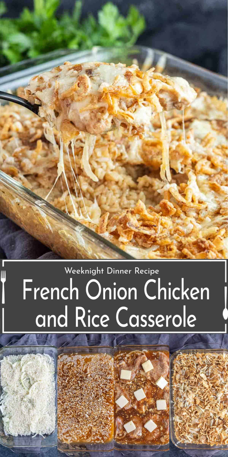 A baking dish of French onion chicken and rice casserole with melted cheese is being served. Below are four prep steps showing ingredients layered before baking.