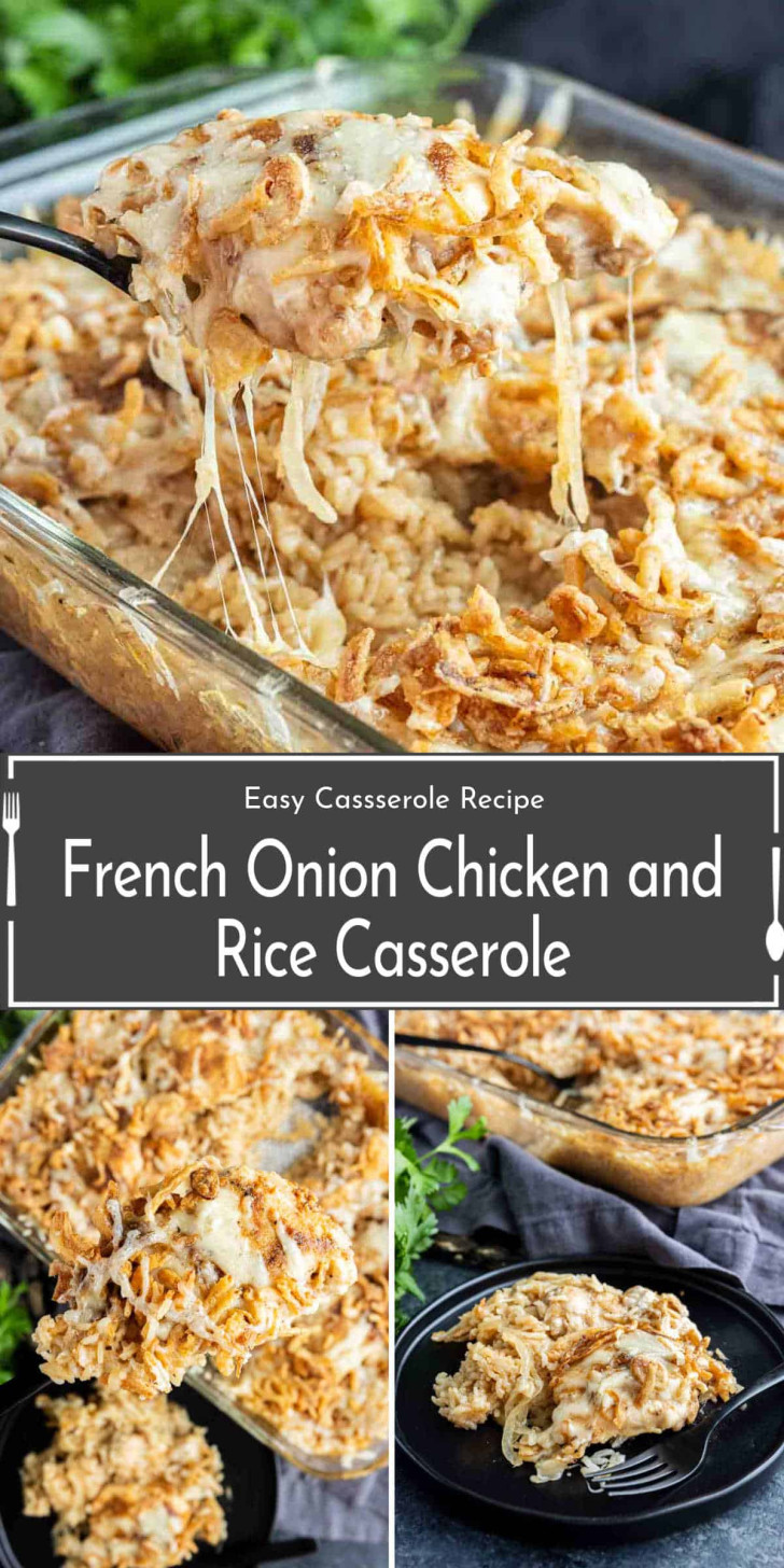 A baked French onion chicken and rice casserole being served from a glass dish, topped with melted cheese and crispy onions.