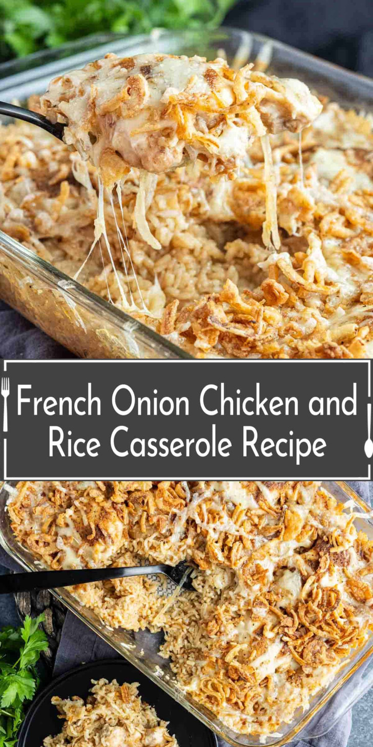 A glass baking dish filled with French onion chicken and rice casserole, topped with melted cheese and crispy onions, being served with a spatula.
