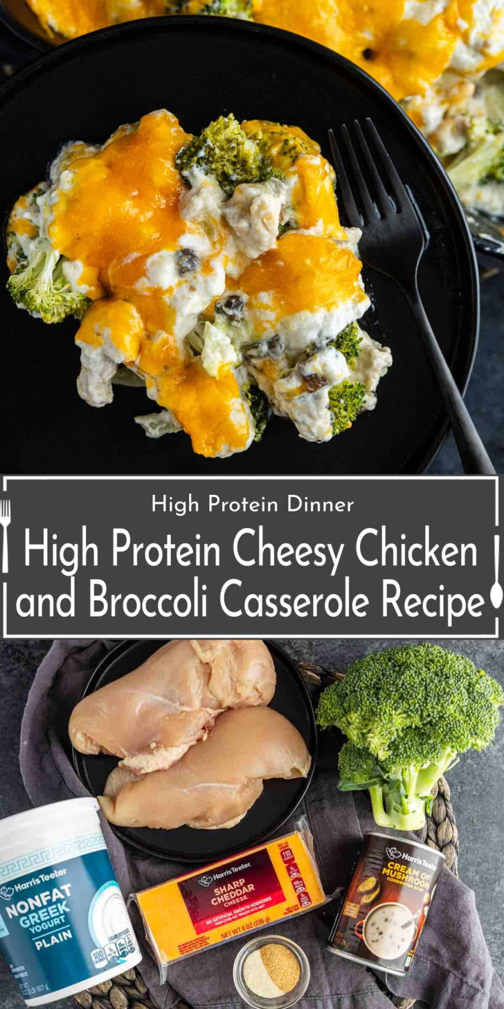 A plate of cheesy chicken and broccoli casserole, with a second image below showing raw chicken, broccoli, cheddar cheese, cream cheese, and Greek yogurt on a table.