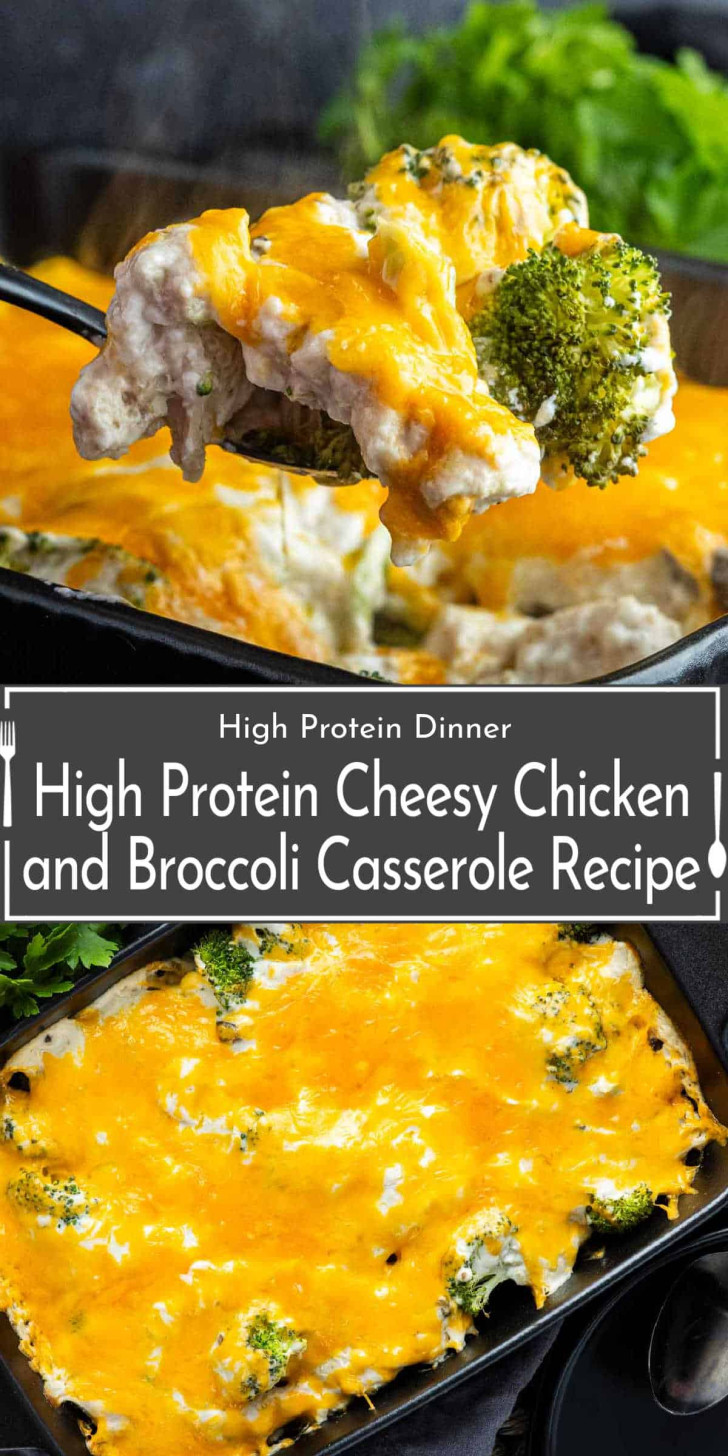 A baked casserole with broccoli, chicken, and melted cheddar cheese being served from a dish, highlighting a cheesy, golden topping.