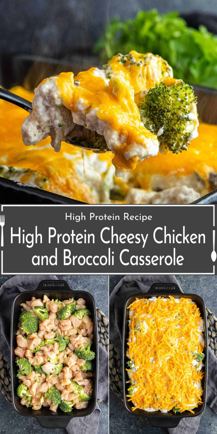 A cheesy chicken and broccoli casserole in a baking dish; includes close-ups of the assembled ingredients, finished baked dish, and a serving being lifted out. Text overlay highlights the recipe.