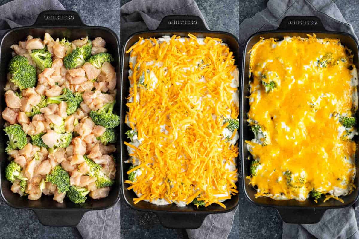Three side-by-side baking dishes show a high protein chicken and broccoli casserole before baking, topped with shredded cheese, and fully baked with melted cheese—a perfect easy high protein lunch or dinner.