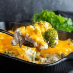 A spoonful of food in a pan, perfect for a low calorie chicken broccoli casserole—an easy high protein lunch and a great high protein meal idea.