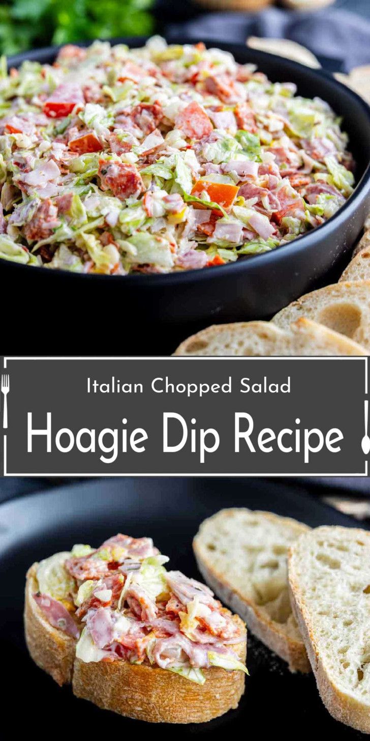 A bowl of Italian chopped salad hoagie dip with sliced bread on the side, and a piece of bread topped with the dip.