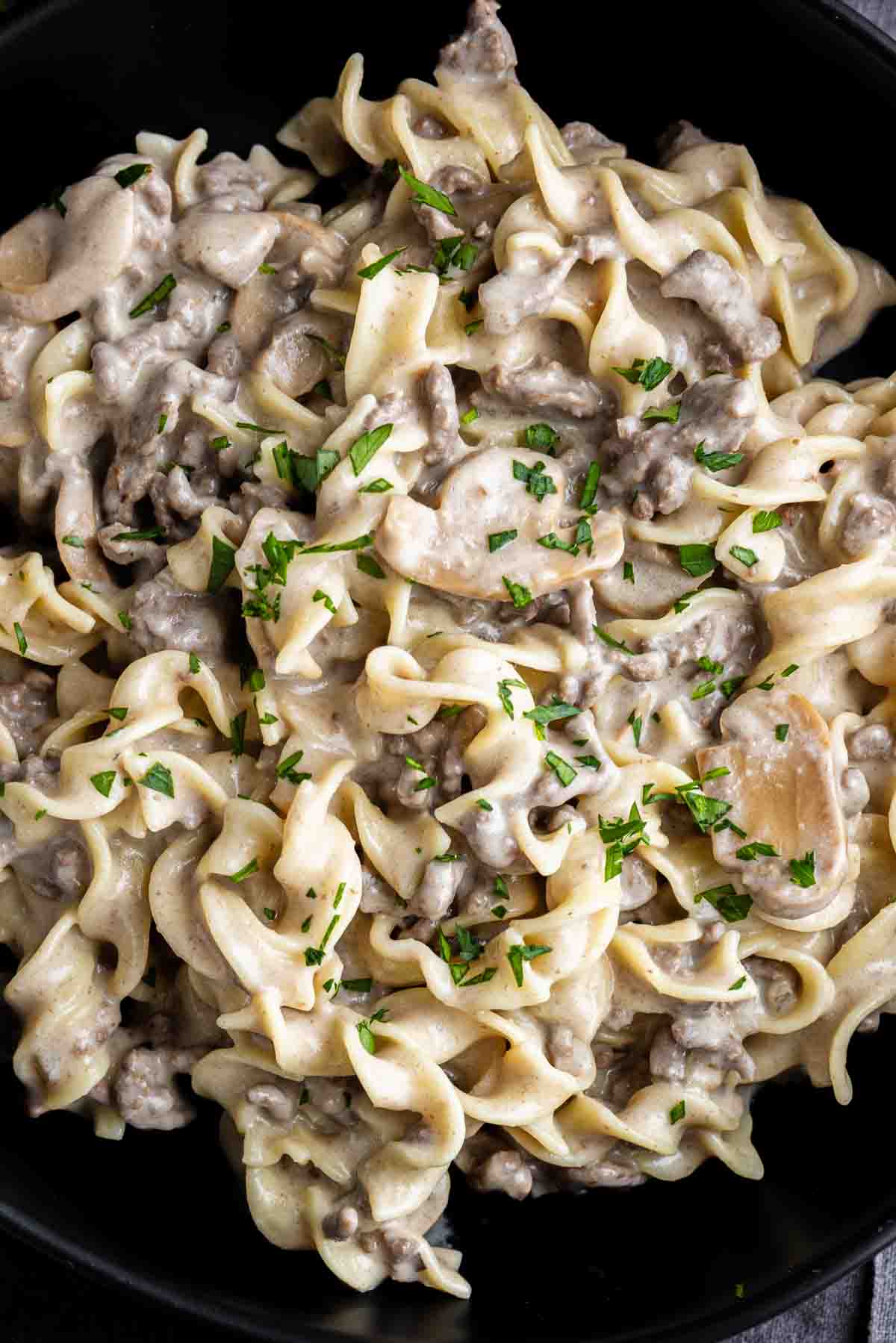 A close-up of creamy beef stroganoff with egg noodles, ground beef, mushrooms, and parsley garnish served in a black bowl.