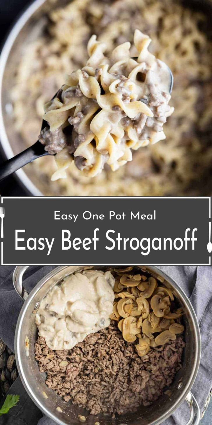 A pot of beef stroganoff with egg noodles, ground beef, mushrooms, and sauce; a spoon holds a serving above the pot. Text reads "Easy Beef Stroganoff - Easy One Pot Meal.
