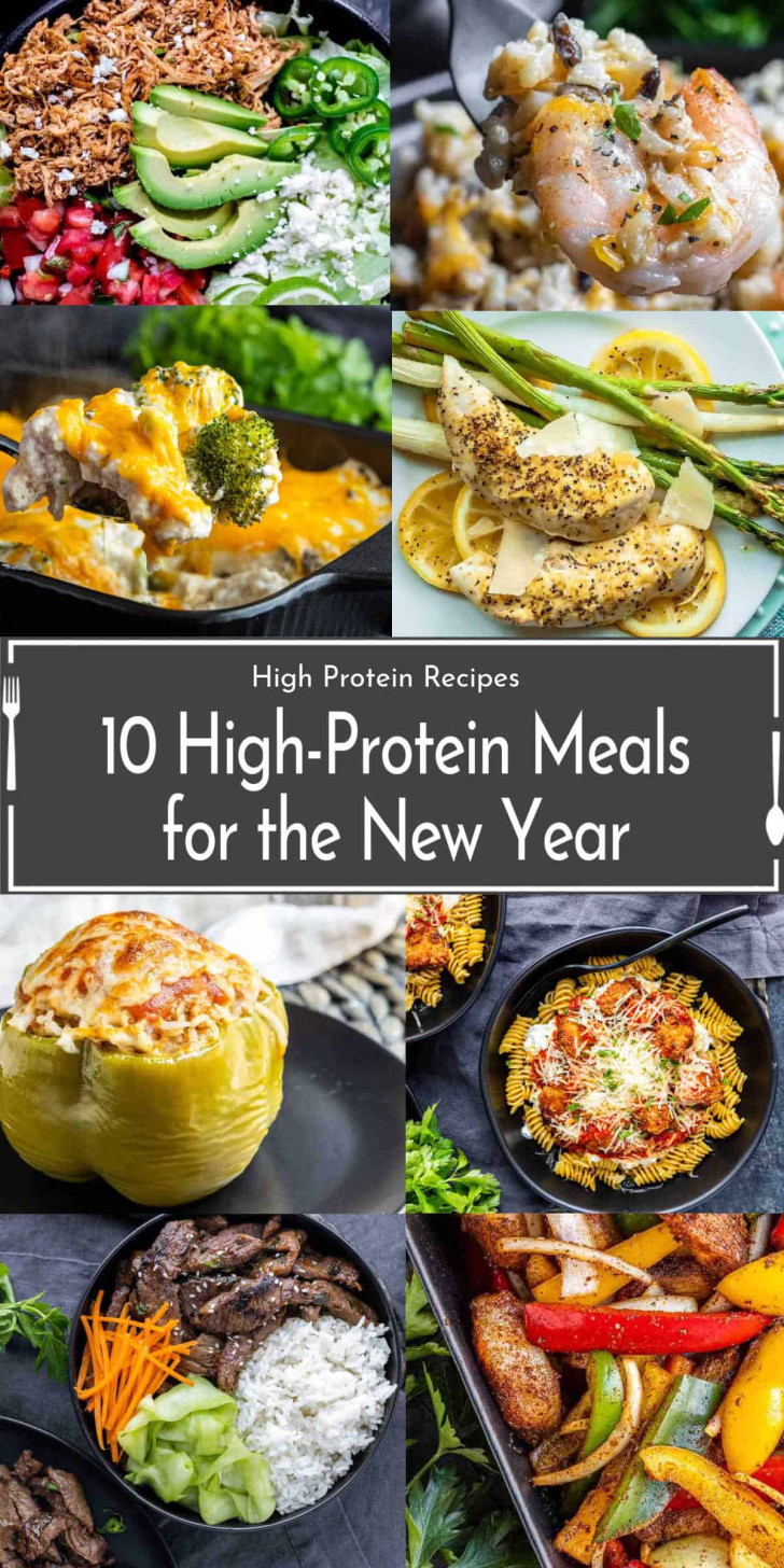Collage of eight high-protein meals, including rice bowls, stuffed pepper, baked chicken, and fish, with central text reading "10 High-Protein Recipes for New Year"—featuring the best high-protein recipes to kickstart your healthy eating.