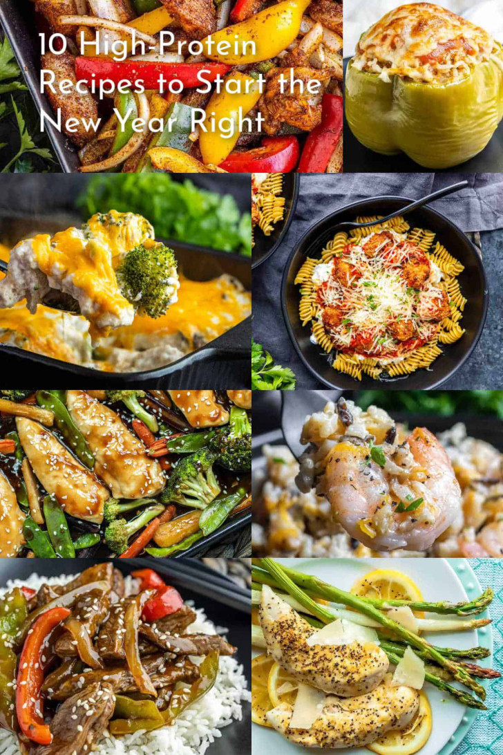 Collage of eight high-protein meals, like pasta, stuffed squash, and baked chicken. Text reads: “10 Best High-Protein Recipes to Start the New Year Right.” Perfect inspiration for your new year recipes.