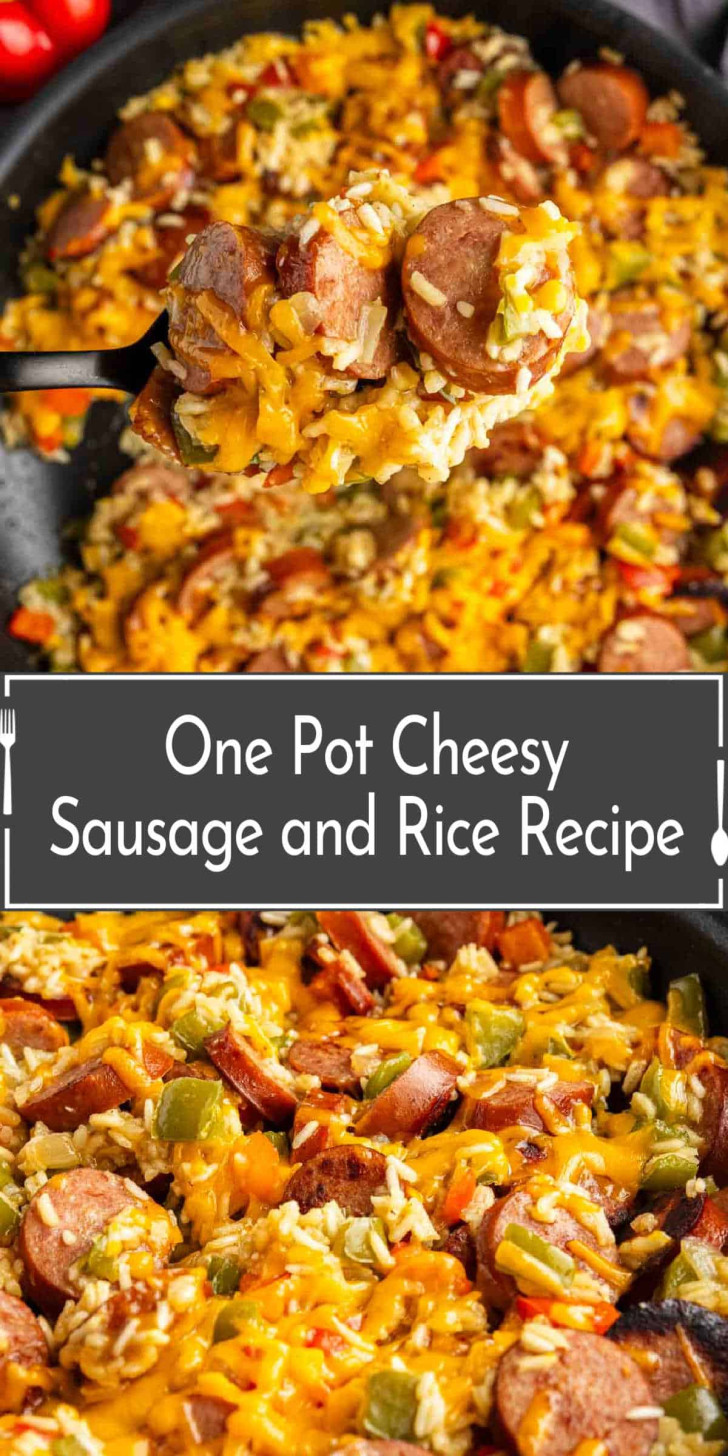 A skillet filled with cooked rice, sliced sausage, vegetables, and melted cheese, with a serving spoon lifting a portion. Text overlay reads "One Pot Cheesy Sausage and Rice Recipe.
