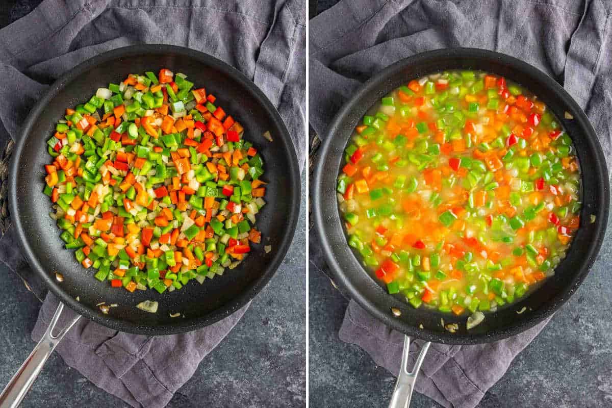 Side-by-side pans: left shows chopped onions, red, and green bell peppers sautéing; right shows the same mixture simmering with broth for a tasty one pot sausage and rice meal.