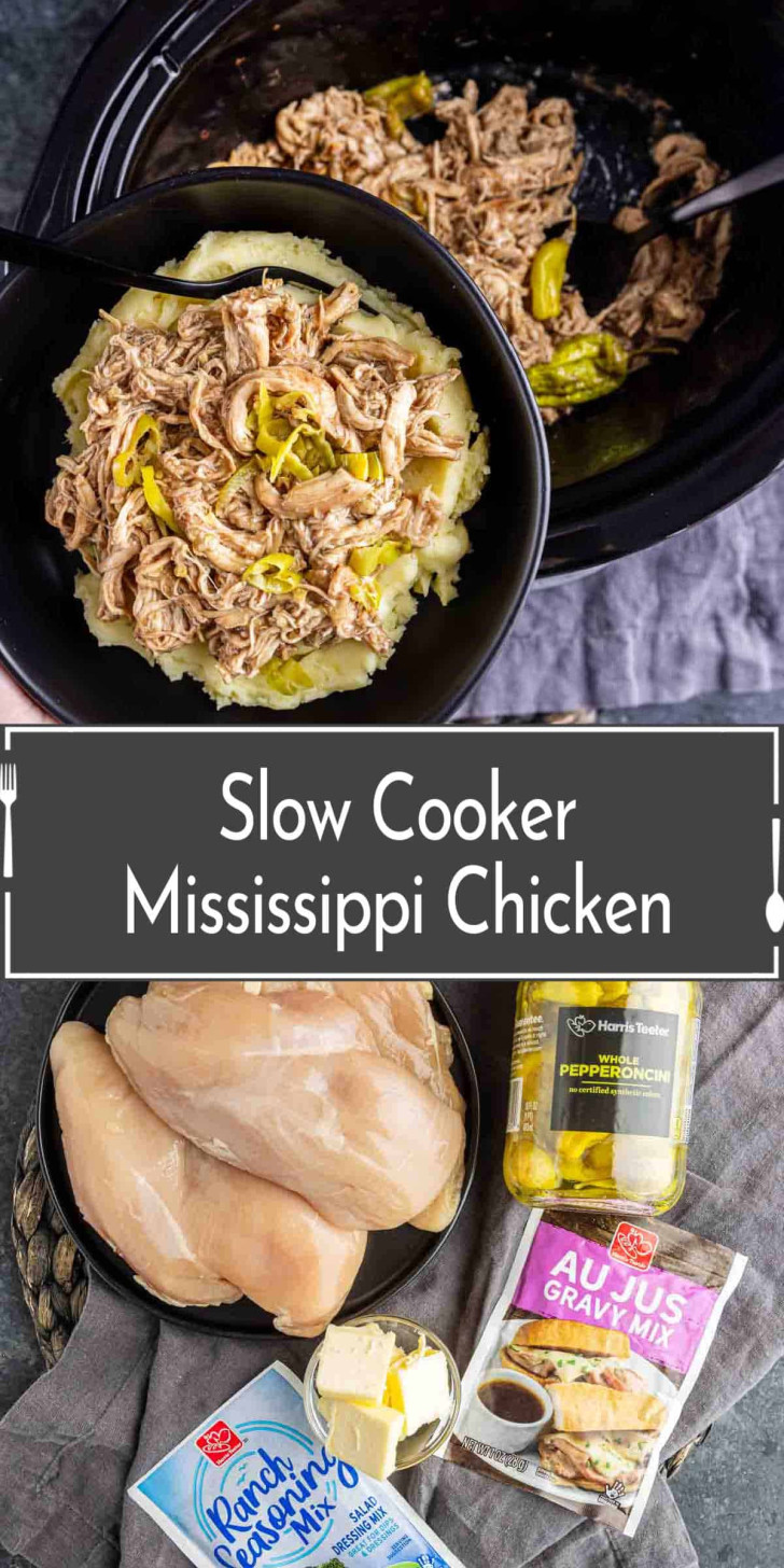 Shredded Mississippi chicken served on mashed potatoes in a black bowl, with a crockpot behind; ingredients including chicken breasts, butter, seasoning packets, and peppers displayed below.