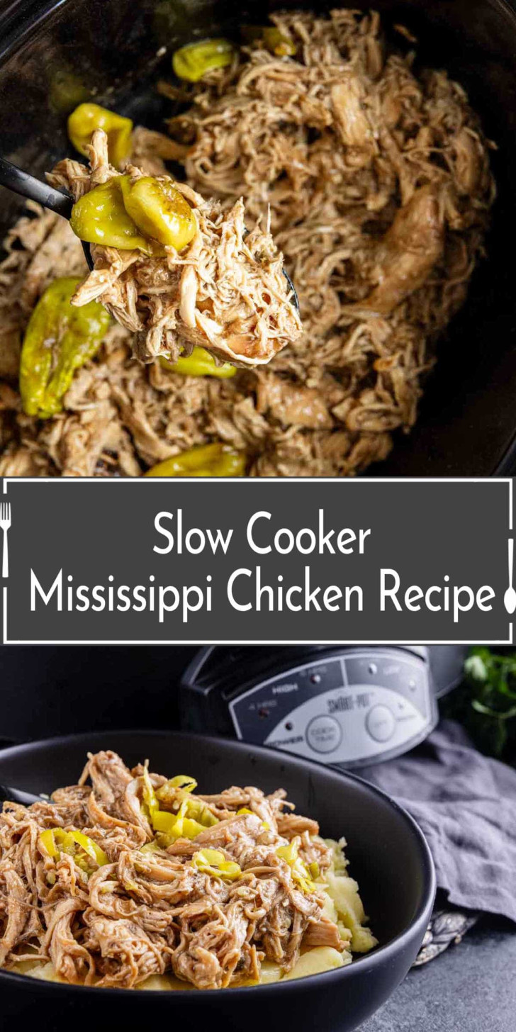 Shredded Mississippi chicken with pepperoncini peppers in a slow cooker and served in a bowl, labeled as a slow cooker Mississippi chicken recipe.