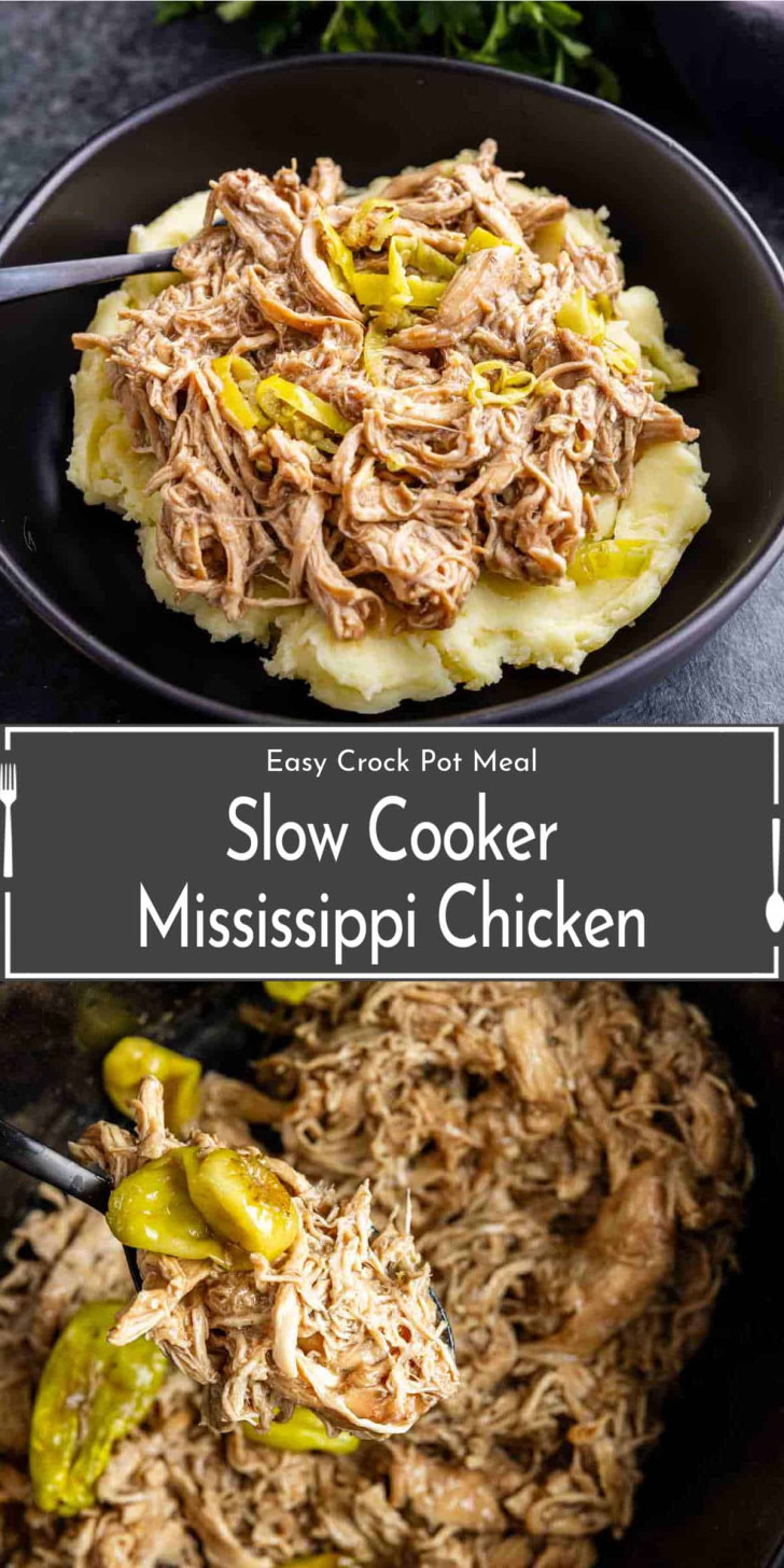 Shredded slow cooker Mississippi chicken with pepperoncini served on mashed potatoes in a black bowl, with text overlay describing the dish as an easy crock pot meal.