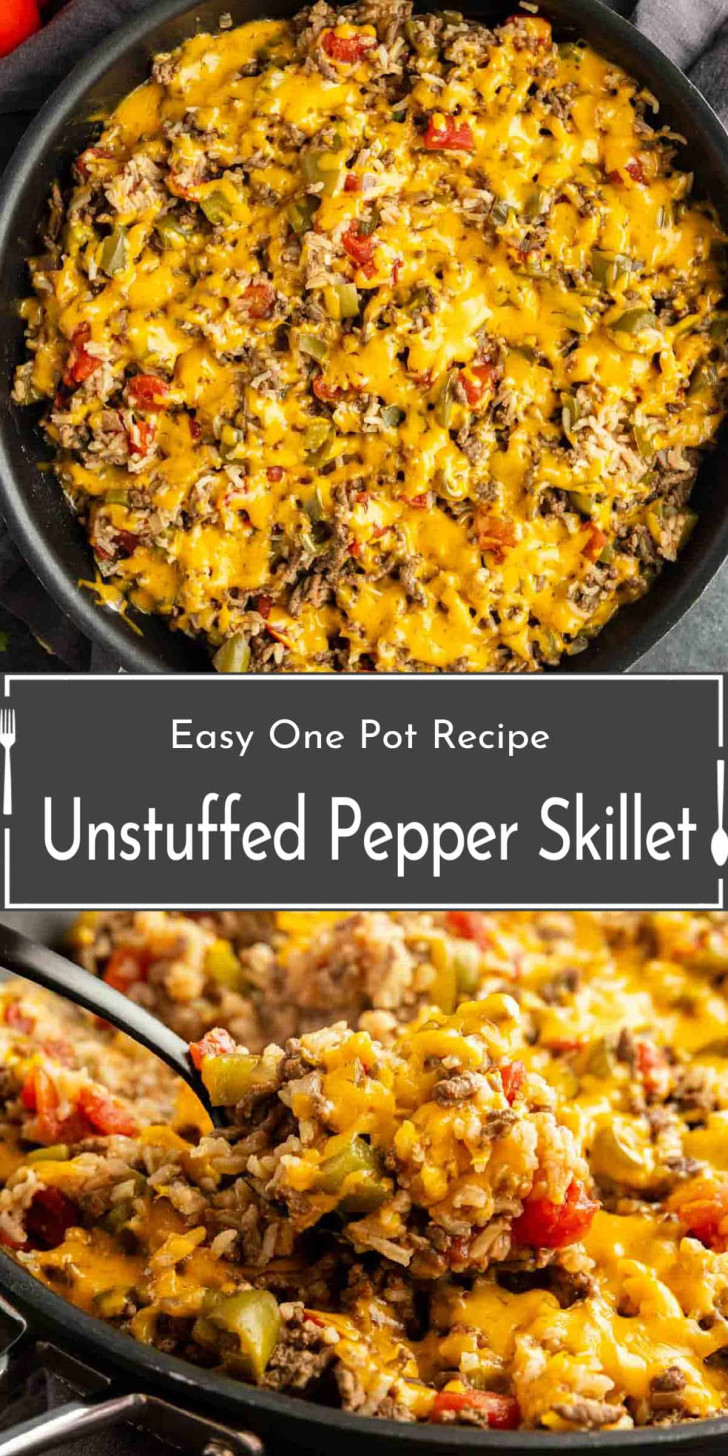 A skillet filled with a mixture of ground meat, rice, chopped peppers, and melted cheddar cheese, labeled as "Unstuffed Pepper Skillet" and described as an easy one-pot recipe.