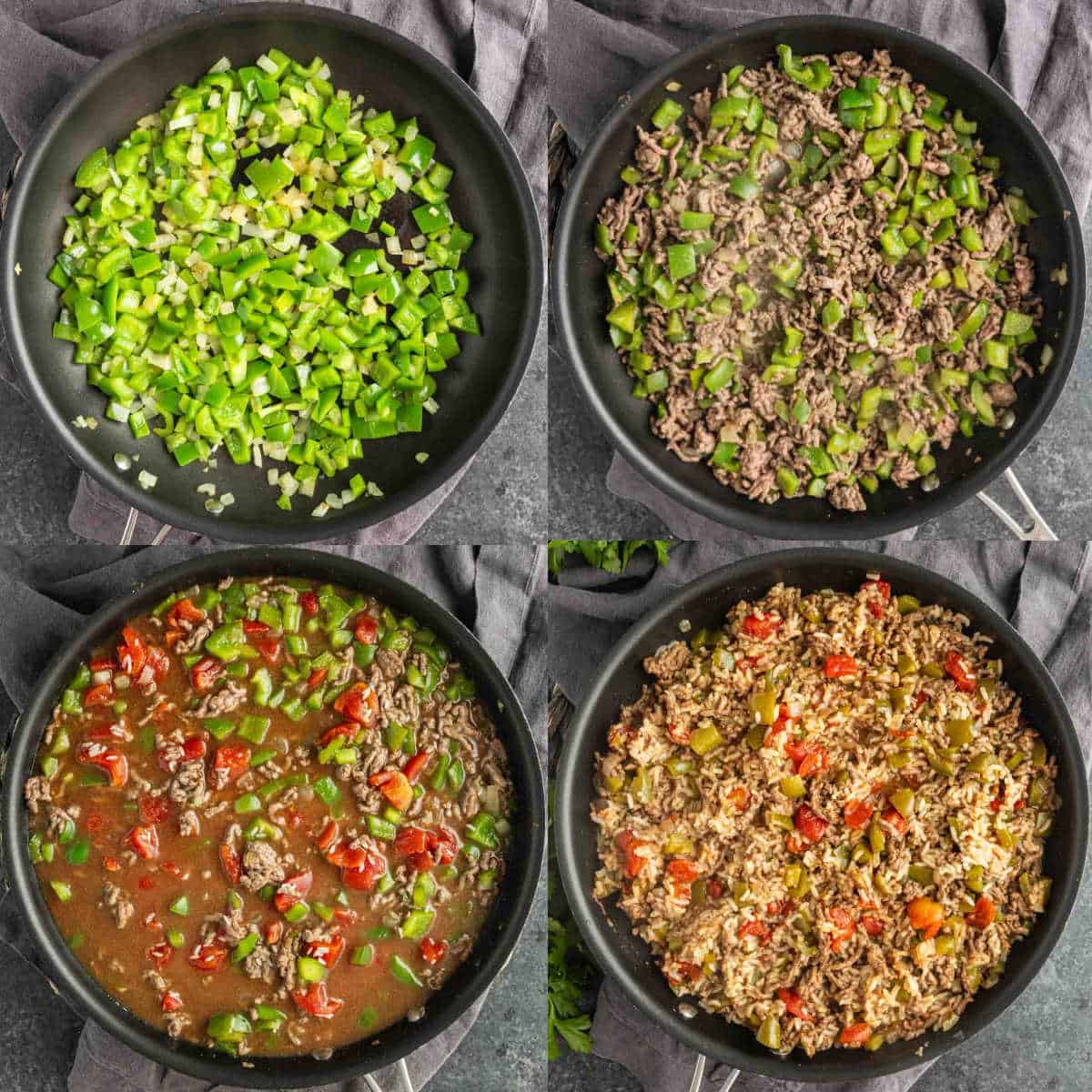 A collage of food in a pan featuring a colorful one pan unstuffed peppers dish.