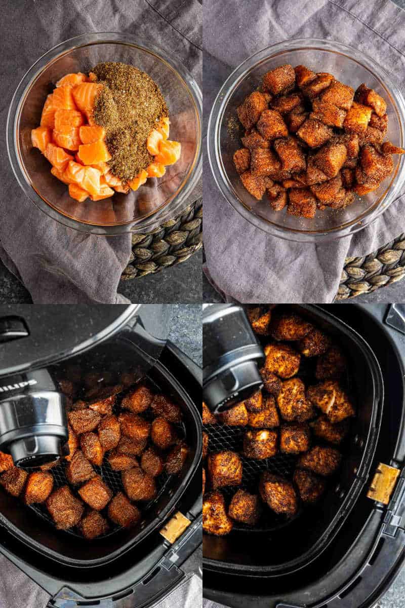 Four photos show crispy salmon bites: seasoned salmon cubes mixed in a glass bowl, then arranged and cooked in an air fryer basket—perfect for your next salmon rice bowl or as an easy air fryer salmon recipe.