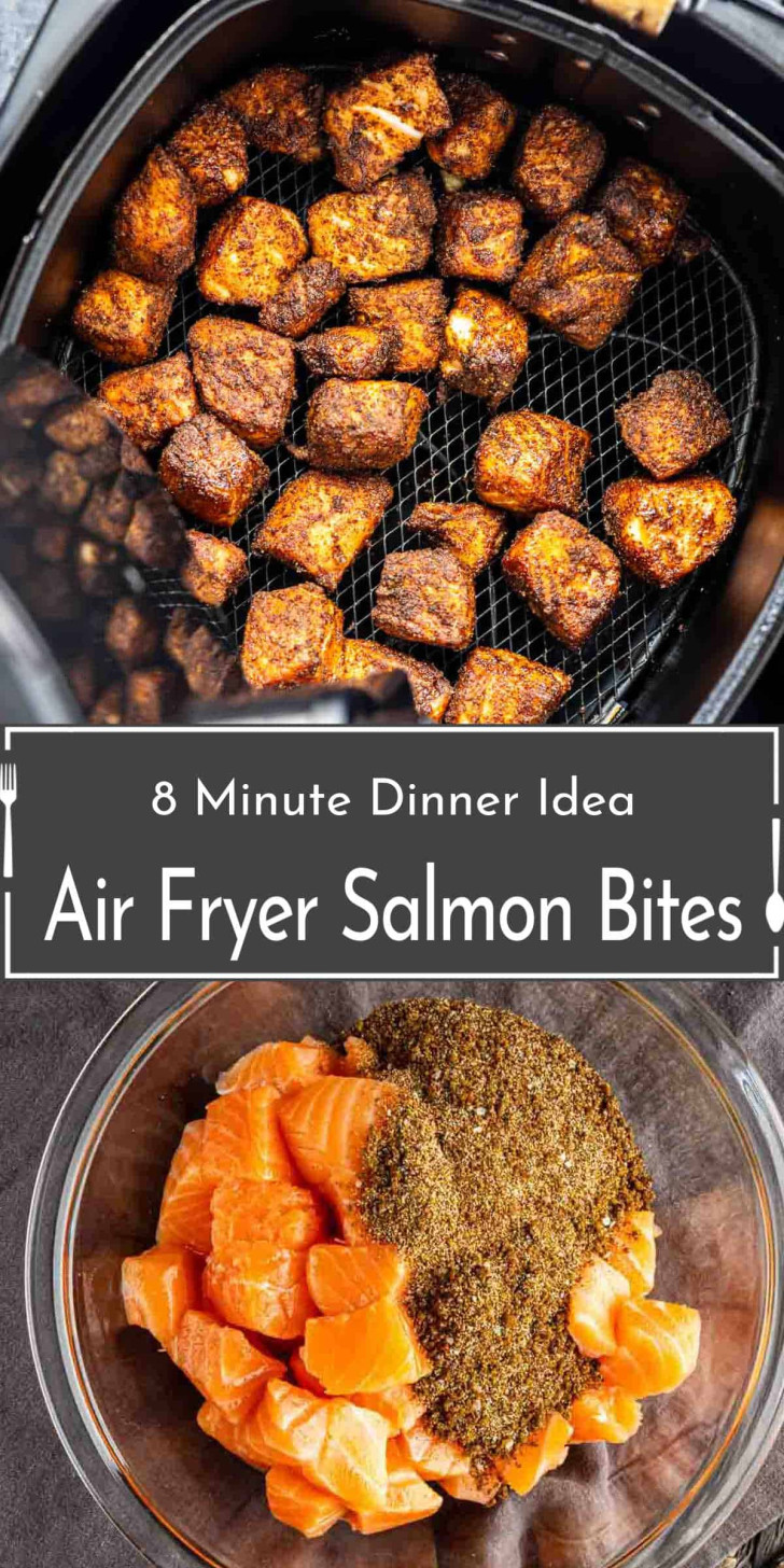 Chunks of salmon seasoned with spices are shown raw in a bowl and cooked in an air fryer basket, illustrating the process of making air fryer salmon bites.