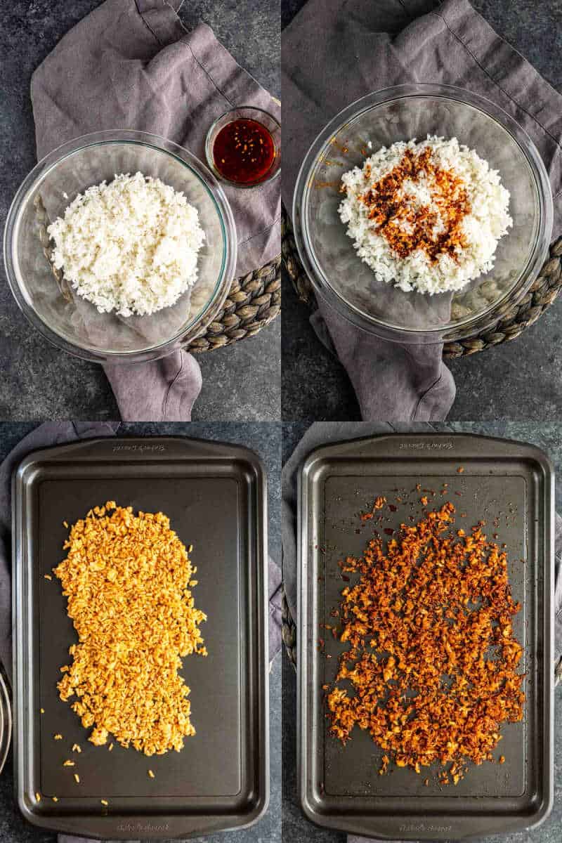 Four-step process of making baked rice: mixing white rice with sauce in a bowl, spreading the mixture on a baking sheet, and baking it until golden and crispy—a must-try crispy rice recipe inspired by TikTok crispy rice trends.