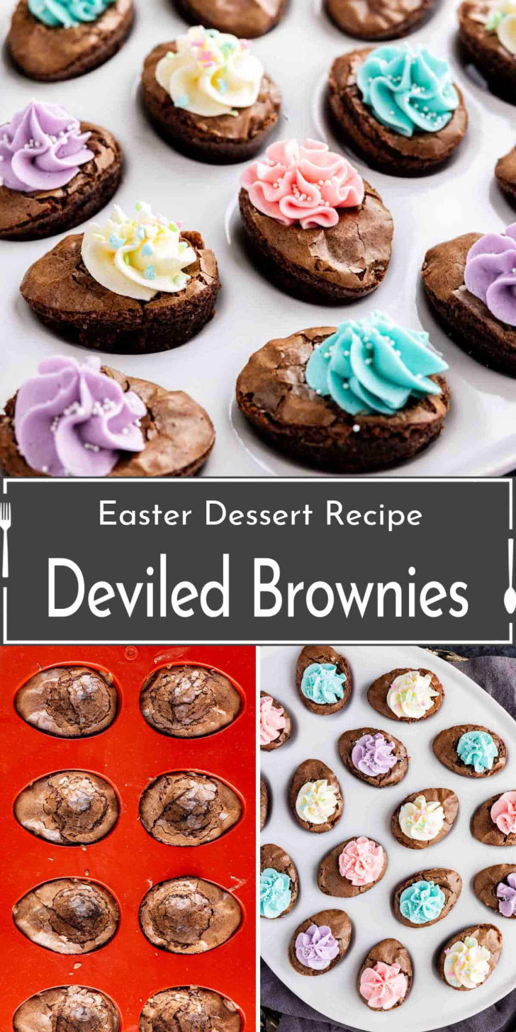 Assorted brownie slices topped with colorful pastel frosting are arranged on trays. Text overlay reads "Easter Dessert Recipe: Deviled Brownies.