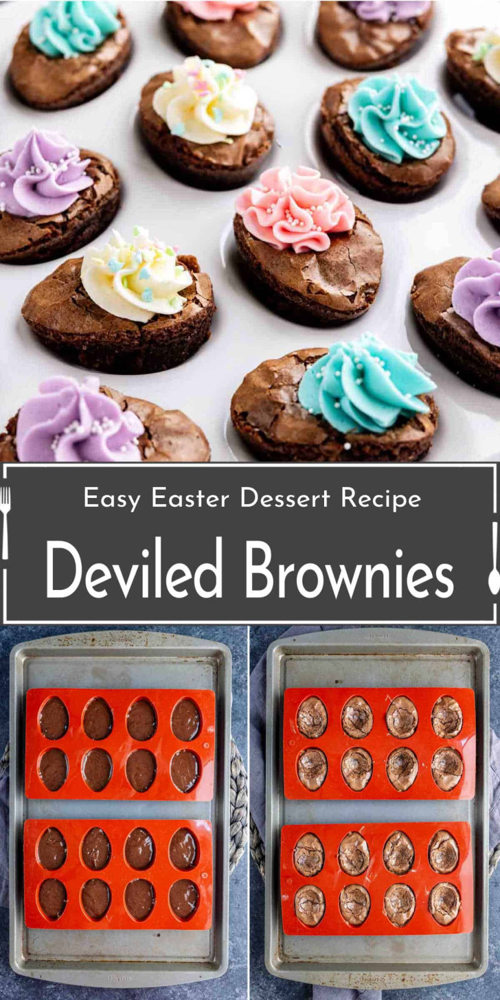A tray of chocolate brownie rounds topped with colorful pastel frosting, resembling deviled eggs, with a label reading "Easy Easter Dessert Recipe: Deviled Brownies.