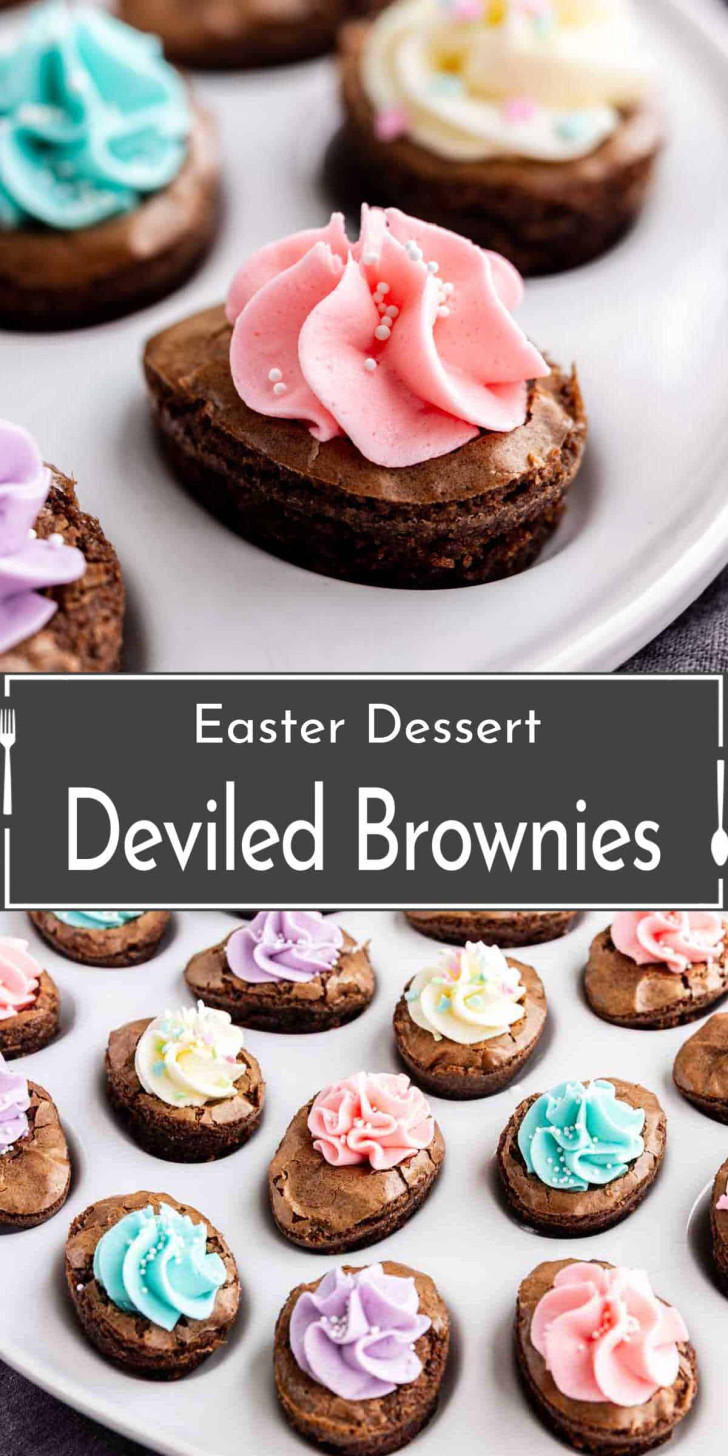 Brownie pieces shaped like eggs, each topped with colorful swirls of frosting and sprinkles, displayed on a white plate. Text overlay reads "Easter Dessert Deviled Brownies.