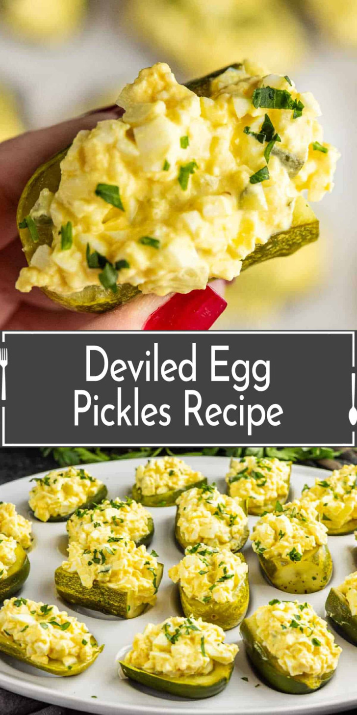 Halved pickles filled with deviled egg mixture, garnished with chopped herbs, arranged on a white plate.