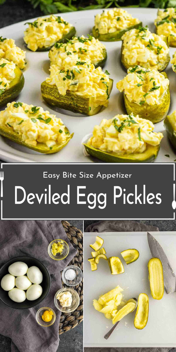 Plate of deviled egg-filled pickle halves garnished with herbs, shown alongside ingredients and preparation steps with eggs, pickles, and seasonings. Text reads "Deviled Egg Pickles.