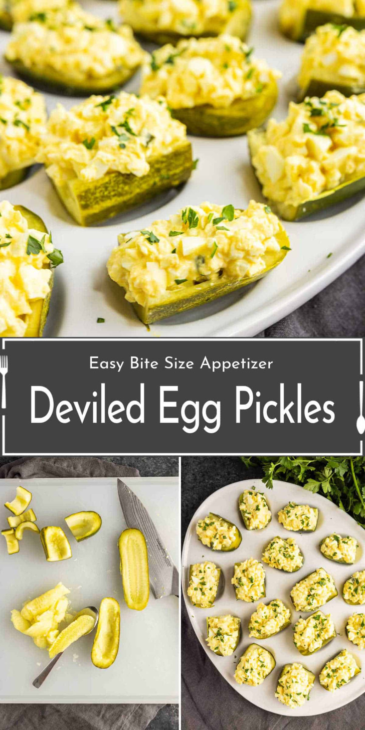 Deviled egg mixture served on sliced pickles arranged on a plate, with prep steps showing pickles being cut and hollowed out.