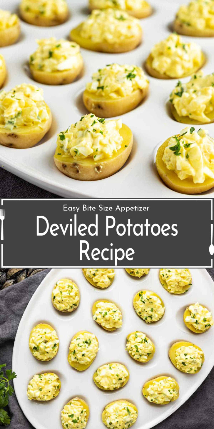 Sliced baby potatoes topped with a creamy, egg-based filling and chopped herbs, arranged neatly on a white platter; text in center reads "Deviled Potatoes Recipe.