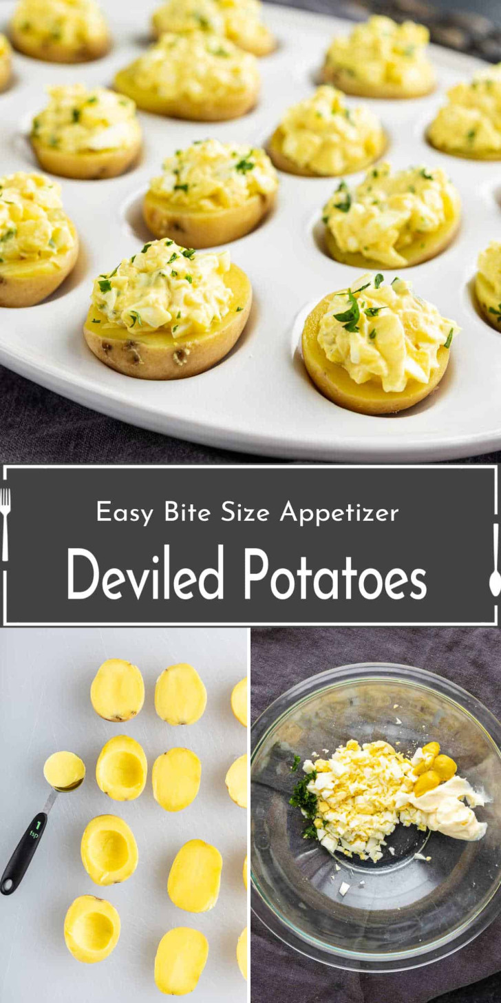 A platter of deviled potatoes, a step showing hollowed potato halves, and a bowl with potato filling ingredients are shown in a collage labeled "Easy Bite Size Appetizer Deviled Potatoes.