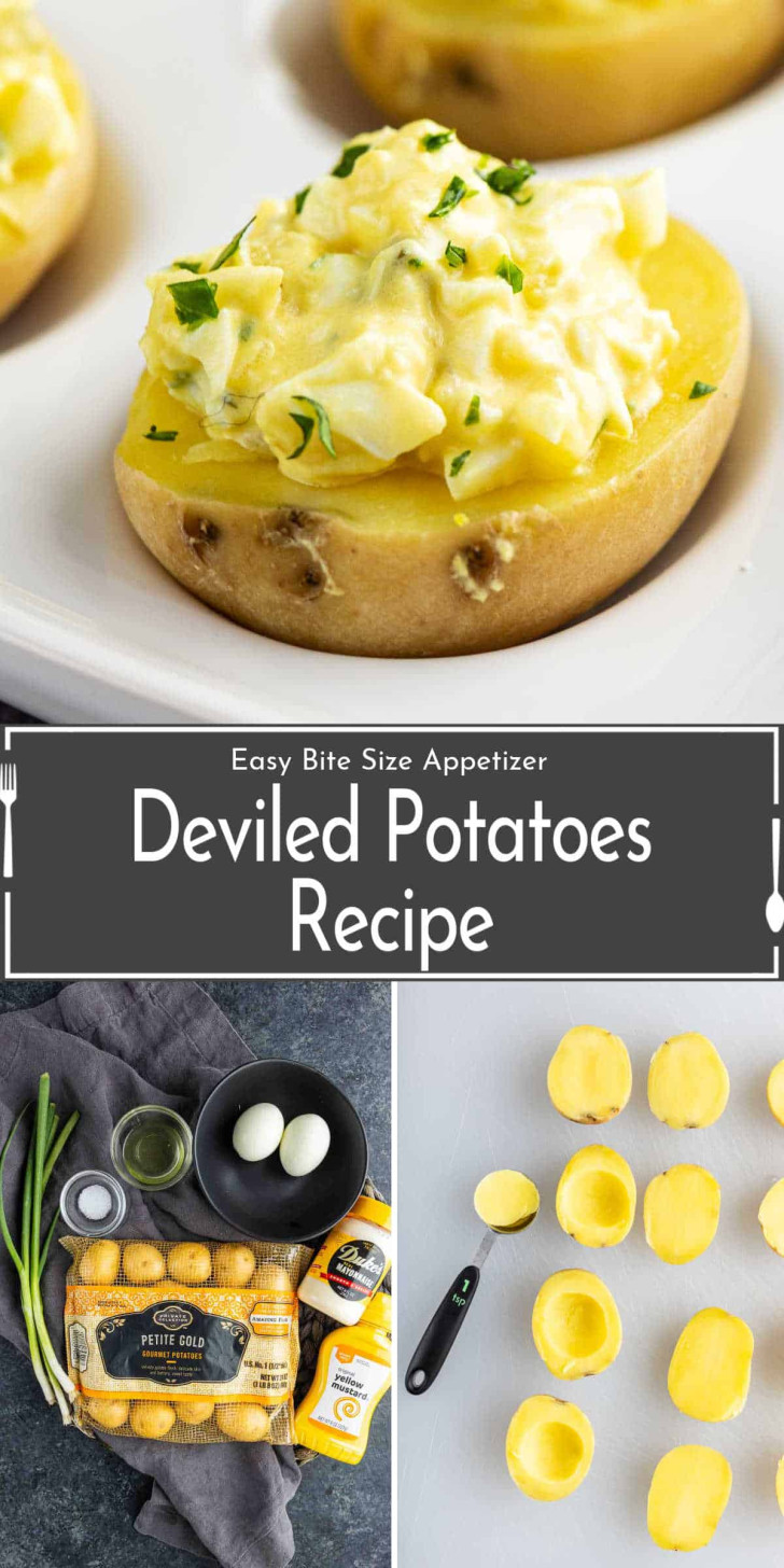 Deviled potatoes topped with egg filling on a plate, ingredients including potatoes, eggs, and seasoning, and halved, hollowed-out potatoes on a countertop.