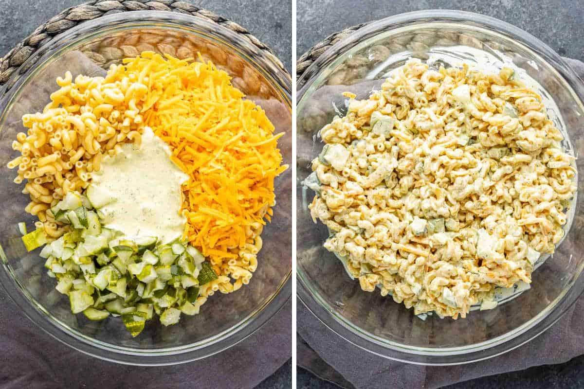 Two glass bowls illustrate a Dill Pickle Pasta Salad: on the left, unmixed pasta, shredded cheese, chopped pickles, and dressing; on the right, a creamy pasta salad mixed to perfection—an easy pasta salad recipe for any occasion.