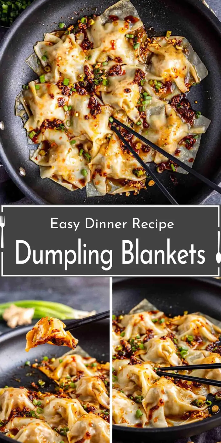 A pan filled with dumplings covered in sauce and chopped herbs, with chopsticks picking up one dumpling; text overlay reads "Easy Dinner Recipe Dumpling Blankets.