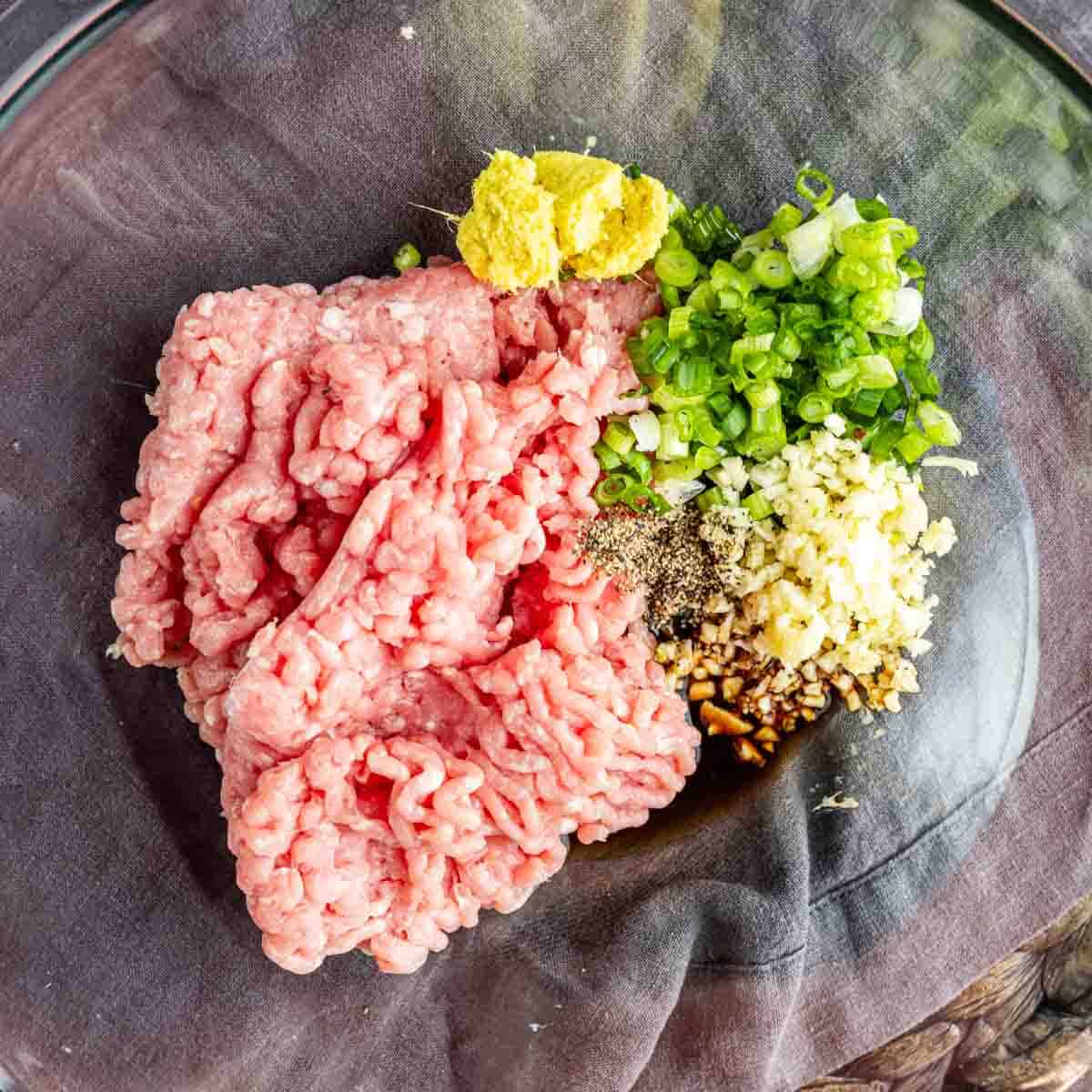 A glass bowl containing ground meat, chopped green onions, minced garlic, grated ginger, black pepper, and a dark sauce—perfect for making viral TikTok dumplings.