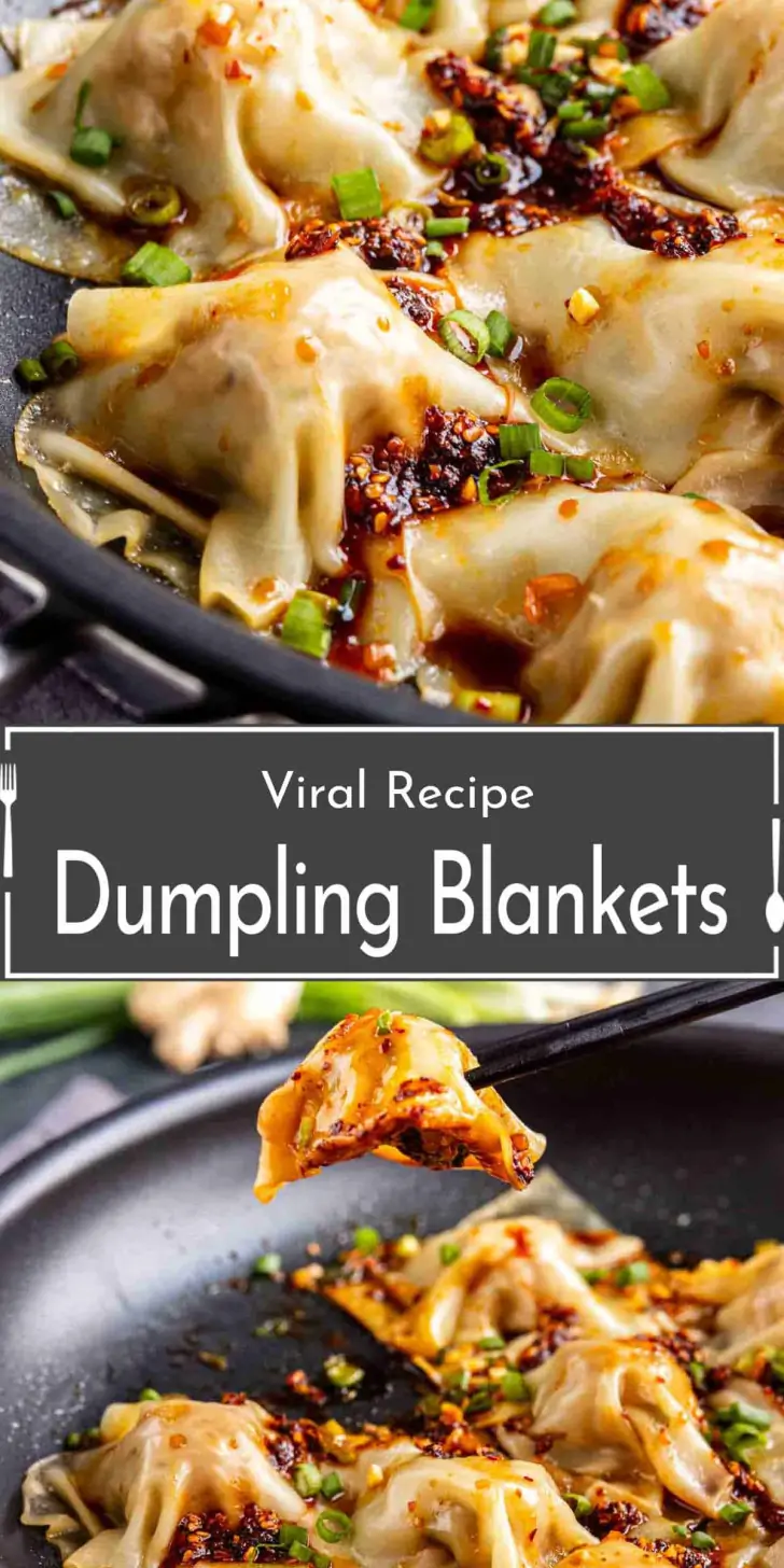 Pan of dumplings topped with chili oil and chopped green onions, with one dumpling held up by chopsticks. Text overlay reads "Viral Recipe Dumpling Blankets.